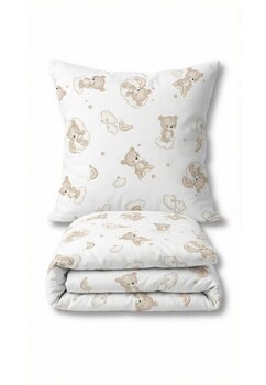 Set 2 piese, fata plapuma si fata perna, urs pe nor crem, bumbac, alb, 100x135 cm