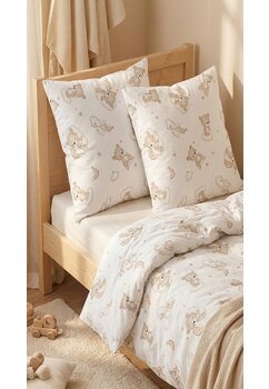 Set 2 piese, fata plapuma si fata perna, urs pe nor crem, bumbac, alb, 100x135 cm