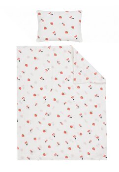 Set 2 piese, plapumioara si perna, muselina, bumbac organic, Capsuni si cirese, 120x60 cm, alb