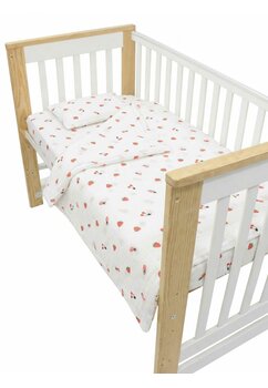 Set 2 piese, plapumioara si perna, muselina, bumbac organic, Capsuni si cirese, 120x60 cm, alb