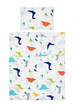 Set 2 piese, plapumioara si perna, muselina, bumbac organic, Dinozauri coloranti, 120x60 cm, multicolor