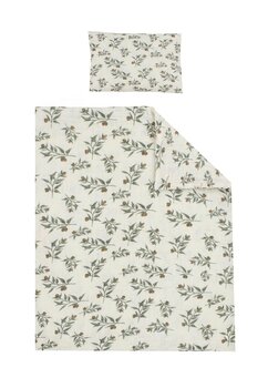 Set 2 piese, plapumioara si perna, muselina, bumbac organic, Olivia cu frunzulite, 120x60 cm, multicolor