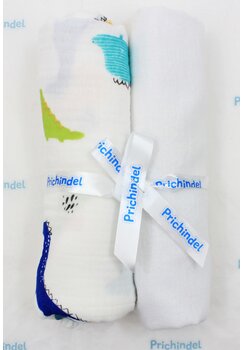 Set 2 scutece, dinozauri colorati, muselina si finet, alb, 80 x 67 cm