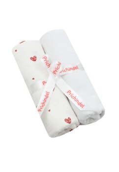 Set 2 scutece, muselina si finet, inimioare rosii, 80 x 67 cm