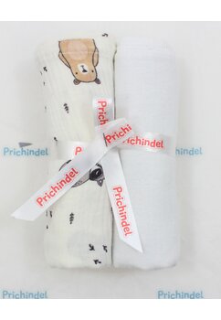 Set 2 scutece, muselina si finet, ratonul si ursul, alb, 80 x 67 cm