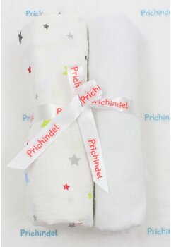 Set 2 scutece, stelute colorate, muselina si finet, alb, 80 x 67 cm