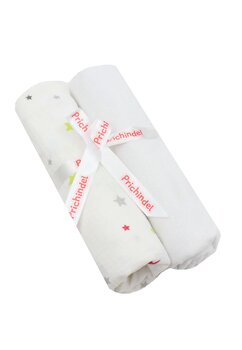 Set 2 scutece, stelute colorate, muselina si finet, alb, 80 x 67 cm