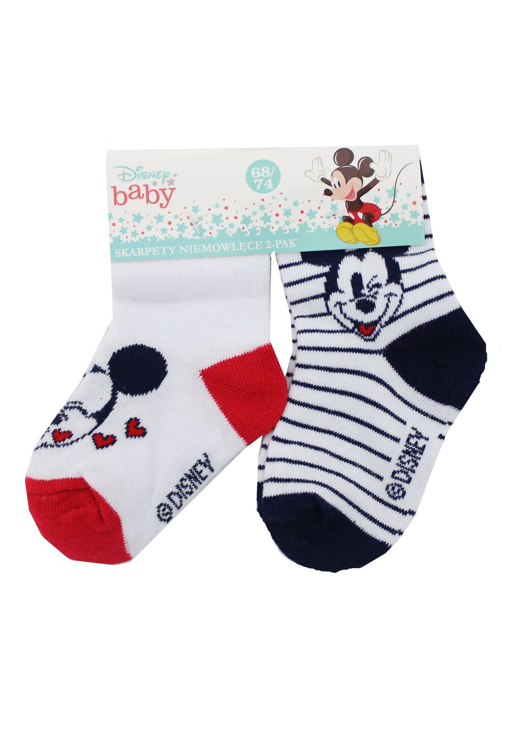 Set 2 sosete, albe cu dungi bluemarin si rosu, Mickey