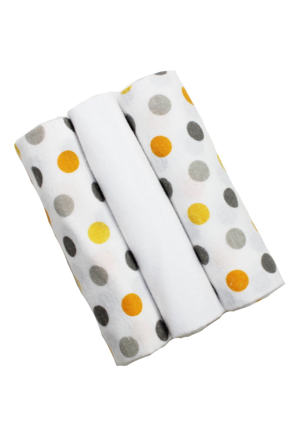 Set 3 scutece, bumbac, alb cu buline galbene si gri, 80x70 cm