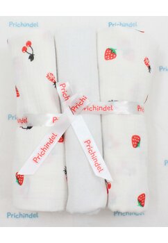 Set 3 scutece, capsuni si cirese, muselina si finet, bumbac, 80x67cm