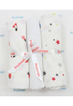 Set 3 scutece, capsuni si stelute colorate, muselina si finet, bumbac, 80x67cm