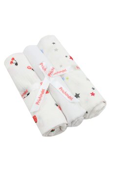 Set 3 scutece, capsuni si stelute colorate, muselina si finet, bumbac, 80x67cm