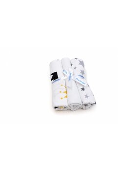 Set 3 scutece, coronite galbene si stelute gri, flanel bumbac, multicolor, 80x70cm