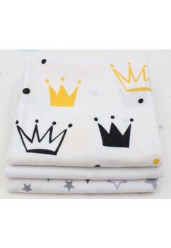 Set 3 scutece, coronite galbene si stelute gri, flanel bumbac, multicolor, 80x70cm