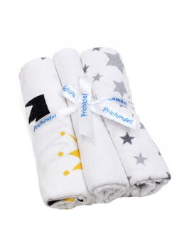 Set 3 scutece, coronite galbene si stelute gri, flanel bumbac, multicolor, 80x70cm