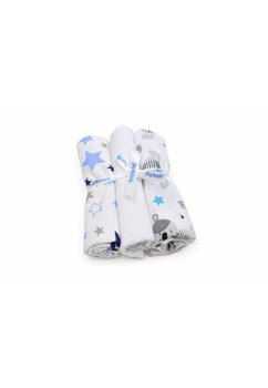 Set 3 scutece, cute teddy si stelute albastre, flanel bumbac, multicolor, 80x70cm