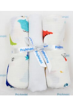 Set 3 scutece, dinozauri colorati, muselina si finet, bumbac, 80x67cm