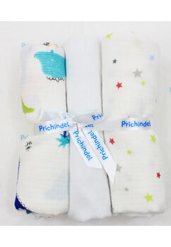 Set 3 scutece, dinozauri si stelute, muselina si finet, bumbac, 80x67cm