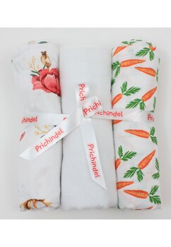 Set 3 scutece, Flori de bumbac si The carrots, muselina si finet, bumbac, multicolor, 75x70cm