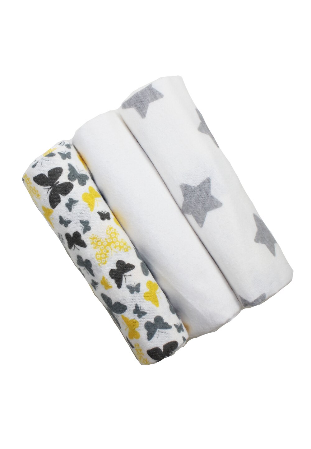 Set 3 scutece, fluturasi galbeni si stelute gri, 80x70 cm