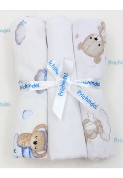 Set 3 scutece, koala cu steluta albastra si urs pe nor crem, flanel bumbac, multicolor, 80x70cm
