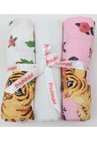 Set 3 scutece, Little tiger, muselina si finet, bumbac, roz cu alb, 75x70cm