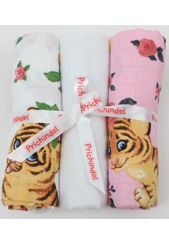 Set 3 scutece, Little tiger, muselina si finet, bumbac, roz cu alb, 75x70cm