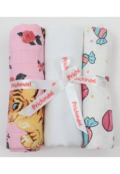 Set 3 scutece, Little tiger roz si Acadele, muselina si finet, bumbac, multicolor, 75x70cm