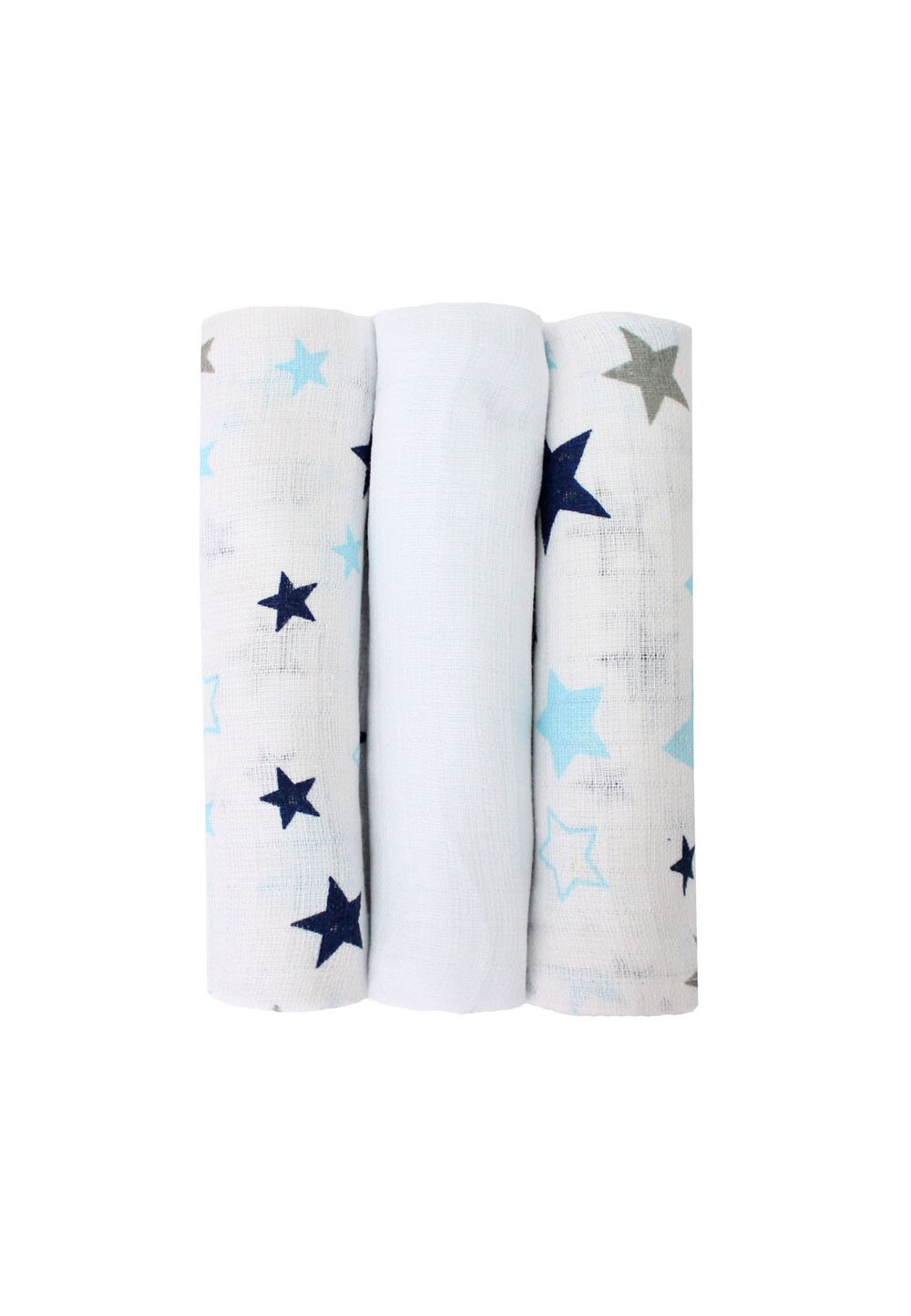 Set 3 scutece, muselina, alb cu stelute albastre, 75 x 70 cm