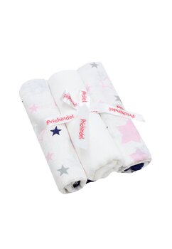 Set 3 scutece, muselina, alb cu stelute bluemarin, 75 x 70 cm
