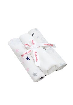 Set 3 scutece, muselina, alb cu stelute gri si alb cu stelute bluemarin, 75 x 70 cm