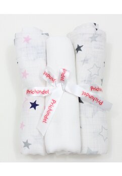Set 3 scutece, muselina, alb cu stelute gri si alb cu stelute bluemarin, 75 x 70 cm