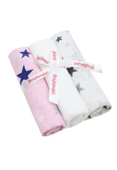 Set 3 scutece, muselina, alb cu stelute gri si roz cu stelute bluemarin, 75 x 70 cm