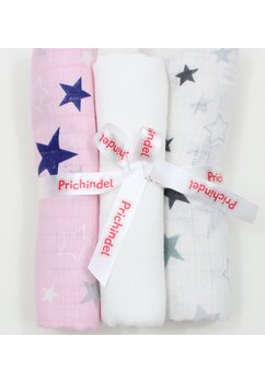 Set 3 scutece, muselina, alb cu stelute gri si roz cu stelute bluemarin, 75 x 70 cm