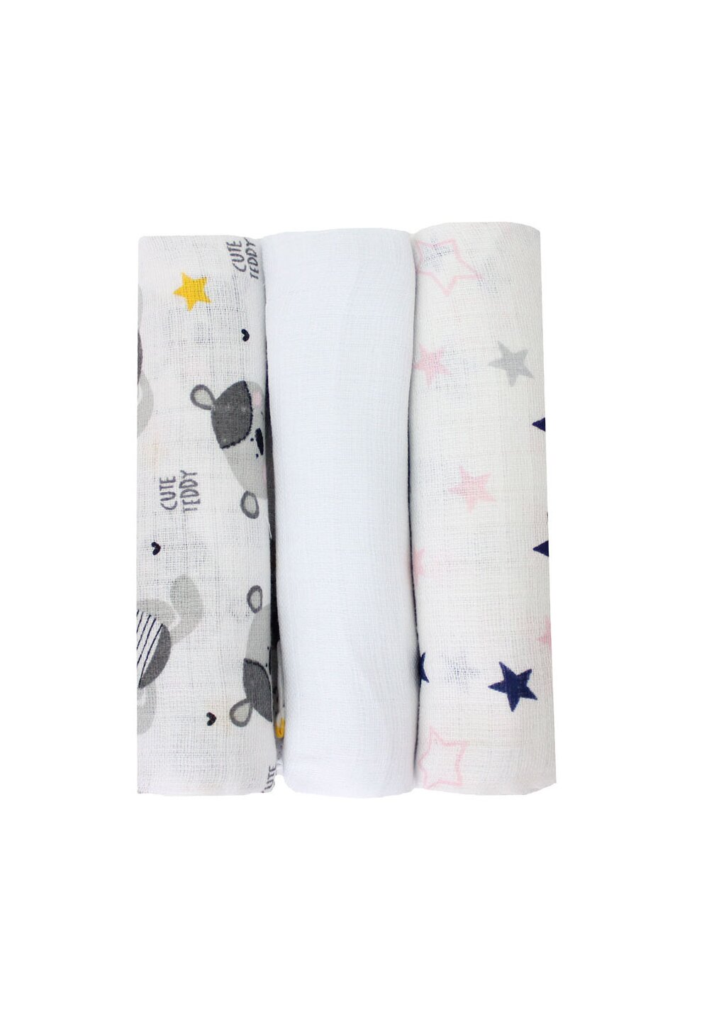 Set 3 scutece, muselina, alb cu stelute si Cute Teddy, 75 x 70 cm