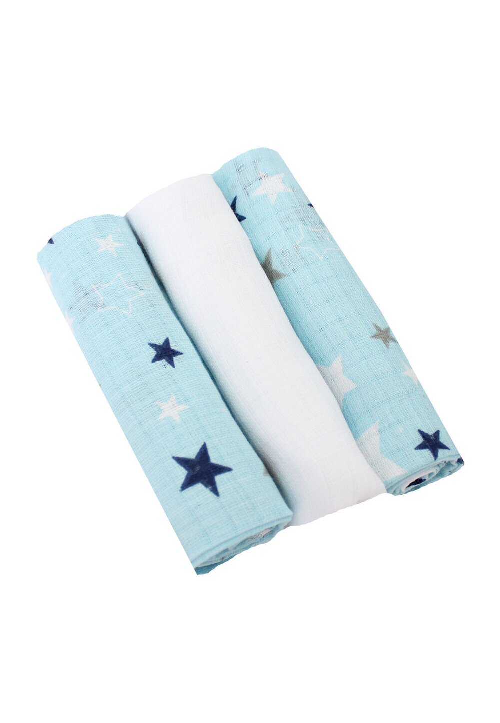 Set 3 scutece, muselina, albastru cu stelute, 75 x 70 cm