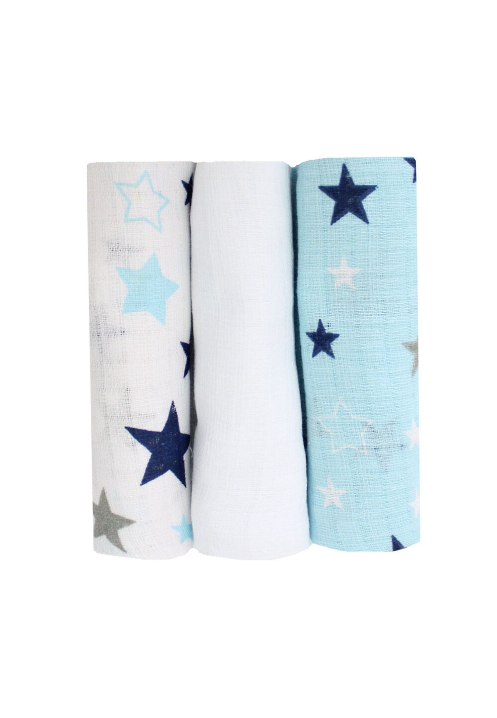 Set 3 scutece, muselina, albastru si alb cu stelute, 75 x 70 cm