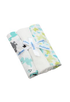 Set 3 scutece, muselina, Dino si Butterfly turcoaz, multicolor, 75x70 cm
