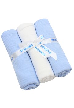Set 3 scutece, muselina, Eli, albastru cu alb, 80 x 67 cm