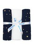 Set 3 scutece, muselina, Metalic stars, bleumarin cu alb, 80 x 67 cm