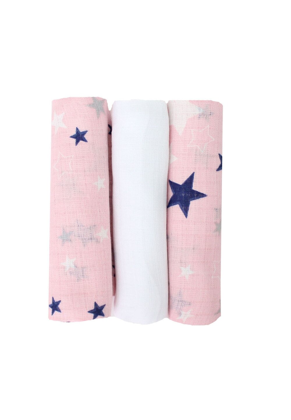 Set 3 scutece, muselina, roz cu stelute bluemarin, 75 x 70 cm