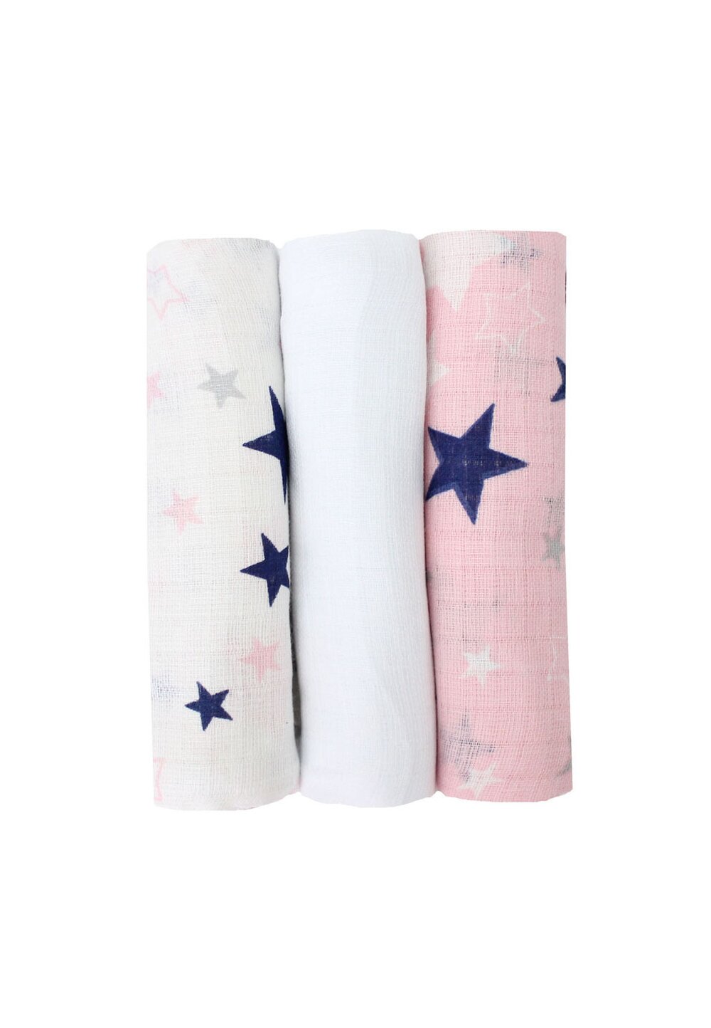Set 3 scutece, muselina, roz si alb cu stelute bluemarin, 75 x 70 cm