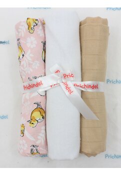 Set 3 scutece, Ratuste, muselina crem si finet, bumbac, 75x70cm