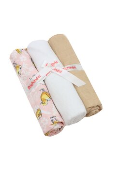 Set 3 scutece, Ratuste, muselina crem si finet, bumbac, 75x70cm