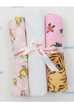 Set 3 scutece, Ratuste si Little tiger pink, muselina si finet, bumbac, 75x70cm