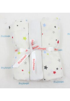 Set 3 scutece, stelute colorate, muselina si finet, bumbac, 80x67cm