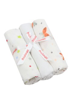 Set 3 scutece, stelute colorate si fluturasi, muselina si finet, bumbac, 80x67cm