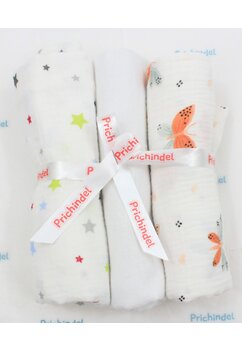 Set 3 scutece, stelute colorate si fluturasi, muselina si finet, bumbac, 80x67cm
