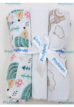 Set 3 scutece, ursulet pe norisor si arici verde, flanel bumbac, multicolor, 80x70cm