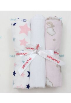 Set 3 scutece, ursulet pe norisor si stelute roz, flanel bumbac, multicolor, 80x70cm